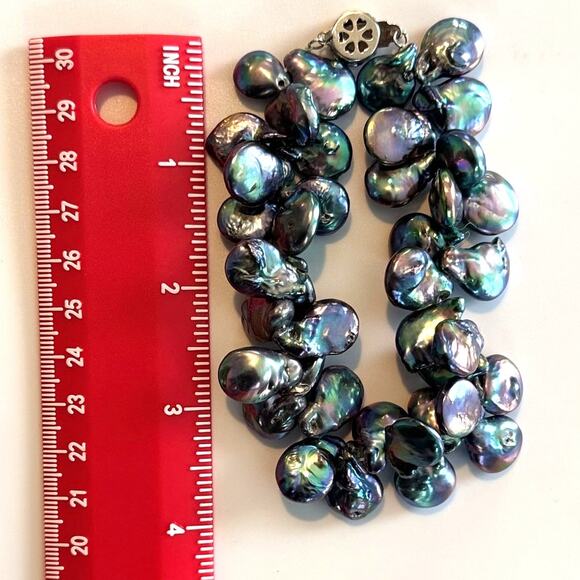 Keshi Pearl 18" Necklace & 8" Bracelet Set Black Peacock Baroque Cluster Pearls - Picture 3 of 11